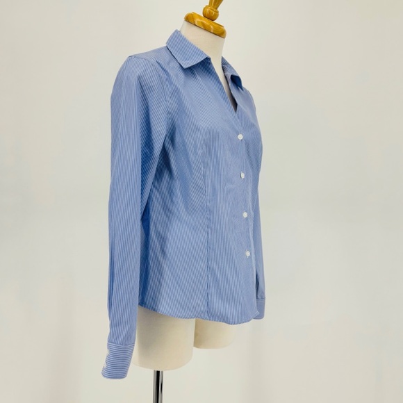 Anne Klein Blue and White Pinstriped Non-Iron Long Sleeve Button Down Top, Small - Picture 9 of 16